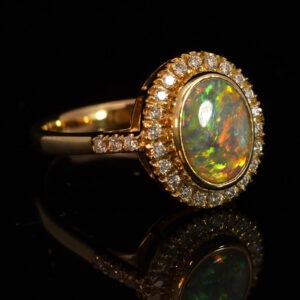 Yellow Gold Blue Green Yellow Orange Red Crystal Opal and Diamond Ring