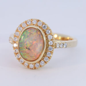 Yellow Gold Blue Green Yellow Orange Red Crystal Opal and Diamond Ring
