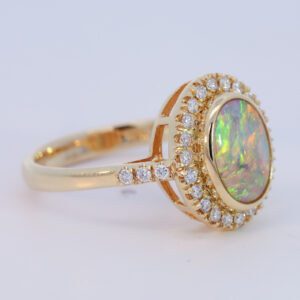 Yellow Gold Blue Green Yellow Orange Red Crystal Opal and Diamond Ring