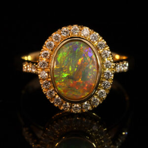 Yellow Gold Blue Green Yellow Orange Red Crystal Opal and Diamond Ring