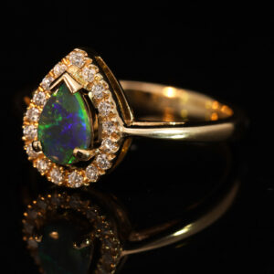 Yellow Gold Blue Green Black Opal and Diamond Ring