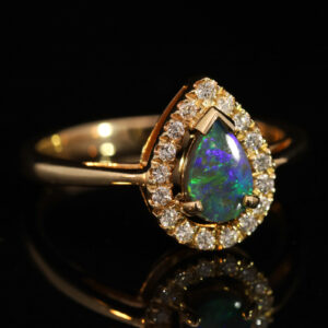 Yellow Gold Blue Green Black Opal and Diamond Ring