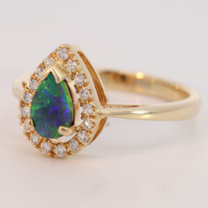 Yellow Gold Blue Green Black Opal and Diamond Ring