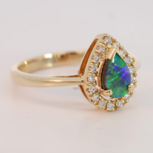 Yellow Gold Blue Green Black Opal and Diamond Ring