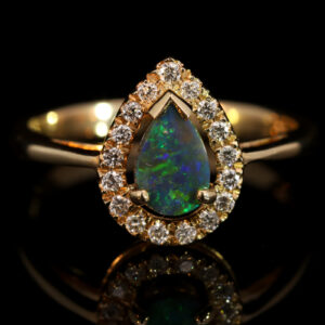 Yellow Gold Blue Green Black Opal and Diamond Ring