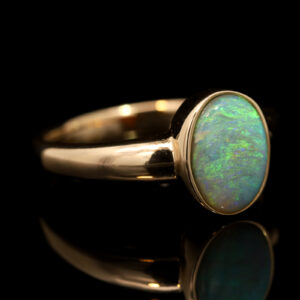 Yellow Gold Blue Green Semi Black Opal Ring