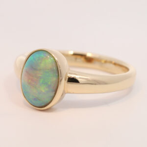 Yellow Gold Blue Green Semi Black Opal Ring