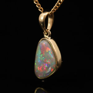 Yellow Gold Blue Green Yellow Orange Red Semi Black Opal Pendant
