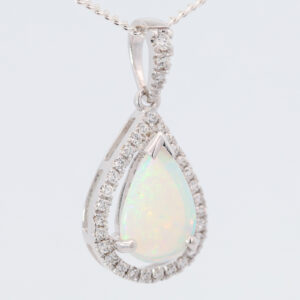 White Gold Blue Green yellow Orange Crystal Opal and Diamond Pendant