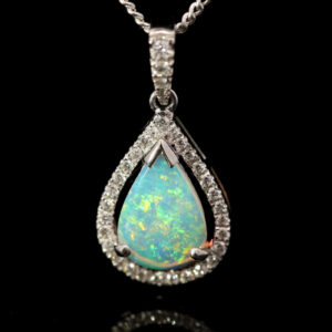 White Gold Blue Green yellow Orange Crystal Opal and Diamond Pendant