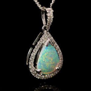 White Gold Blue Green yellow Orange Crystal Opal and Diamond Pendant