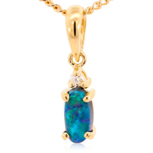 Yellow Gold Blue Green Black Opal and Diamond Pendant