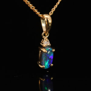 Yellow Gold Blue Green Black Opal and Diamond Pendant