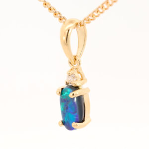 Yellow Gold Blue Green Black Opal and Diamond Pendant