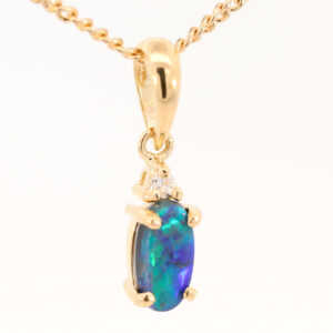 Yellow Gold Blue Green Black Opal and Diamond Pendant