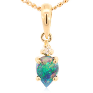 Yellow Gold Blue Green Black Opal and Diamond Pendant