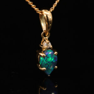 Yellow Gold Blue Green Black Opal and Diamond Pendant