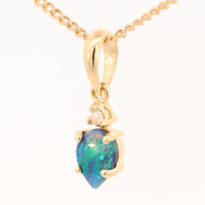 Yellow Gold Blue Green Black Opal and Diamond Pendant
