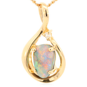 Yellow Gold Blue Green Yellow Orange Red Black Opal and Diamond Pendant