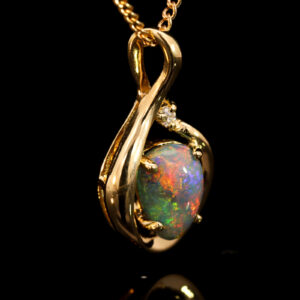 Yellow Gold Blue Green Yellow Orange Red Black Opal and Diamond Pendant