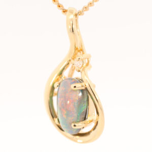 Yellow Gold Blue Green Yellow Orange Red Black Opal and Diamond Pendant