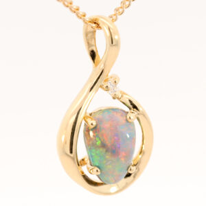 Yellow Gold Blue Green Yellow Orange Red Black Opal and Diamond Pendant