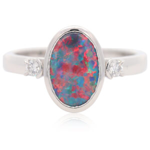 Custom Platinum Blue Green Orange Red Black Opal and Diamond Ring