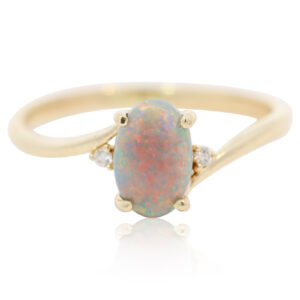 Yellow Gold Blue Green Yellow Orange Red Semi Black Opal and Diamond Ring