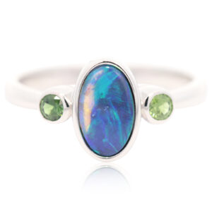 Sterling Silver Blue Green Purple Black Opal and Sapphire Ring