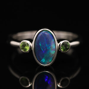 Sterling Silver Blue Green Purple Black Opal and Sapphire Ring