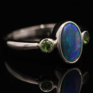 Sterling Silver Blue Green Purple Black Opal and Sapphire Ring