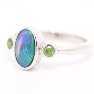 Sterling Silver Blue Green Purple Black Opal and Sapphire Ring