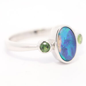 Sterling Silver Blue Green Purple Black Opal and Sapphire Ring