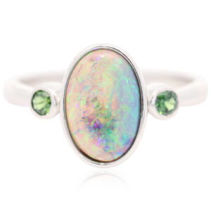 Sterling Silver Blue Green Semi Black Opal and Parti Sapphire Ring