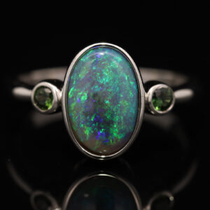 Sterling Silver Blue Green Semi Black Opal and Parti Sapphire Ring