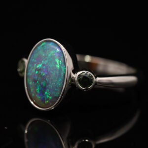 Sterling Silver Blue Green Semi Black Opal and Parti Sapphire Ring