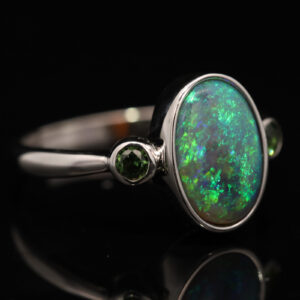 Sterling Silver Blue Green Semi Black Opal and Parti Sapphire Ring