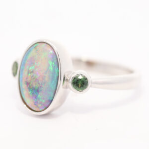 Sterling Silver Blue Green Semi Black Opal and Parti Sapphire Ring
