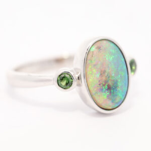 Sterling Silver Blue Green Semi Black Opal and Parti Sapphire Ring