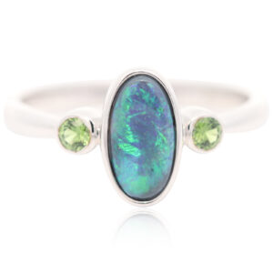 Sterling Silver Blue Green Black Opal and Sapphire Ring