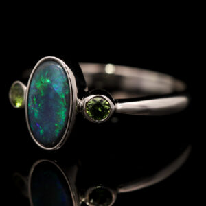 Sterling Silver Blue Green Black Opal and Sapphire Ring