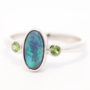 Sterling Silver Blue Green Black Opal and Sapphire Ring