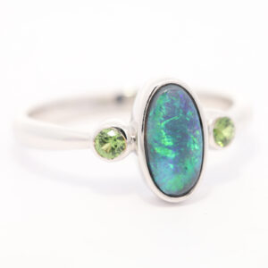 Sterling Silver Blue Green Black Opal and Sapphire Ring
