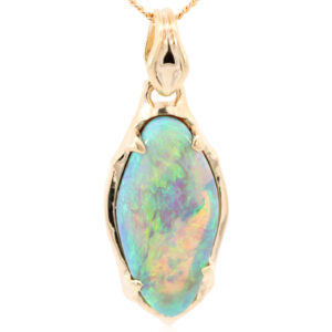 Yellow Gold Blue Green Yellow Semi Black Opal Pendant
