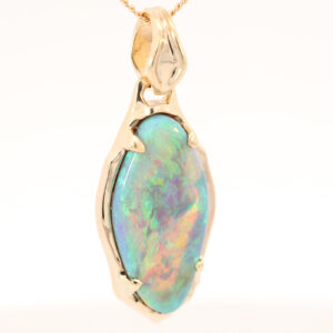 Yellow Gold Blue Green Yellow Semi Black Opal Pendant