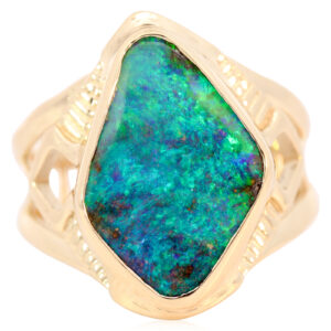 Yellow Gold Blue Green Boulder Opal Ring