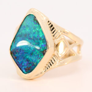 Yellow Gold Blue Green Boulder Opal Ring