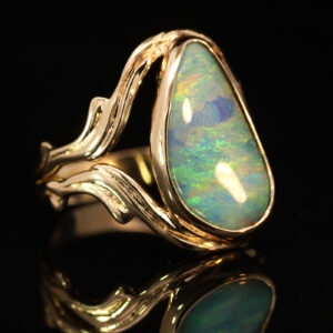 Yellow Gold Blue Green Yellow Orange Boulder Opal Ring