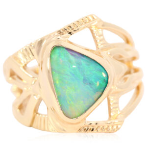 Yellow Gold Blue Green Boulder Opal Ring