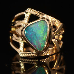 Yellow Gold Blue Green Boulder Opal Ring